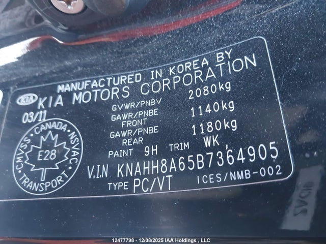 12477798 :رقم المزاد ، KNAHH8A65B7364905 vin ، 2011 Kia Rondo Ex-v6/ex-v6 Luxury مزاد بيع