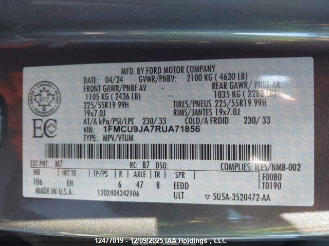 Продажа на аукционе авто 2024 Ford Escape Platinum, vin: 1FMCU9JA7RUA71856, номер лота: 12477819
