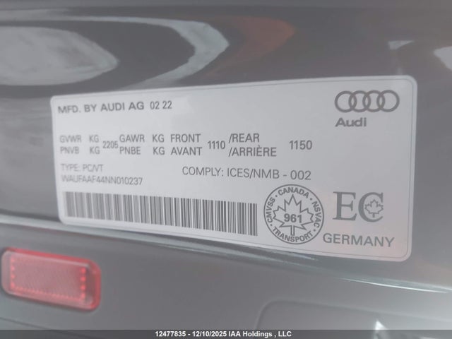 12477835 :رقم المزاد ، WAUFAAF44NN010237 vin ، 2022 Audi A4 مزاد بيع