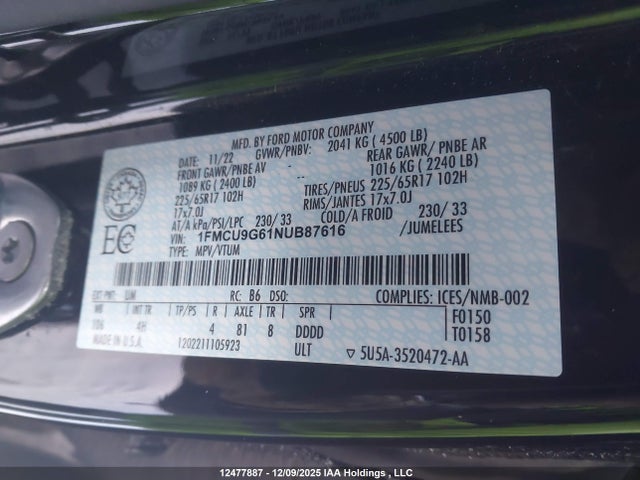 1FMCU9G61NUB87616 Ford ESCAPE SE