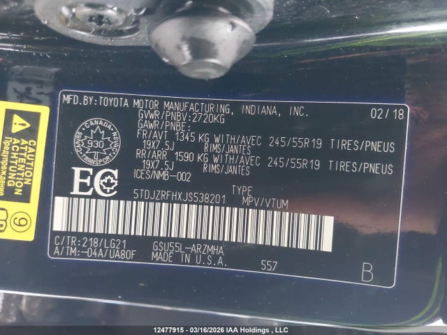 5TDBZRBH8LS500415 Toyota Highlander L/le