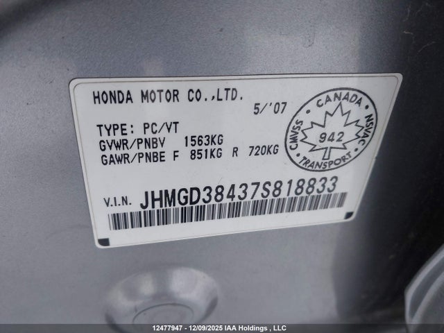 12477947 :رقم المزاد ، JHMGD38437S818833 vin ، 2007 Honda Fit مزاد بيع