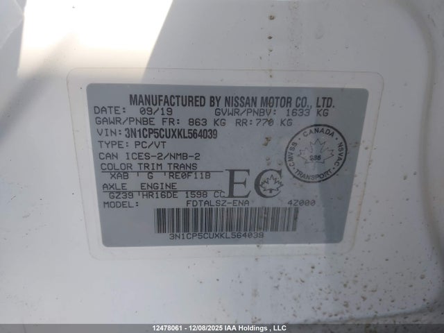 3N1CP5CUXKL564039 Nissan Kicks S/sr/sv