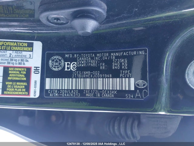 Auction sale of the 2018 Toyota Corolla L/le/xle/se/xse, vin: 2T1BURHEXJC091948, lot number: 12478138