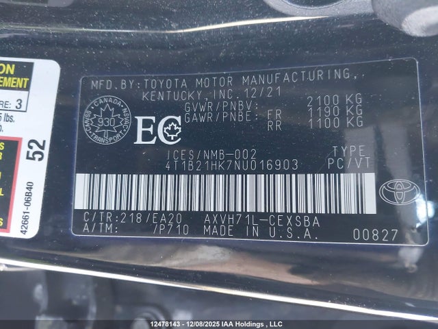 4T1B21HK7NU016903 Toyota Camry Xle/se