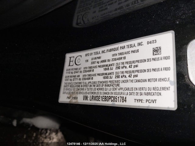 LRW3E1EB0PC851784 Tesla Model 3 Long Range