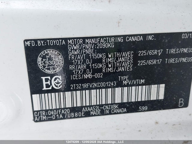 2019 Toyota Rav4 Le მანქანა იყიდება აუქციონზე, vin: 2T3Z1RFV2KC001243, აუქციონის ნომერი: 12478209