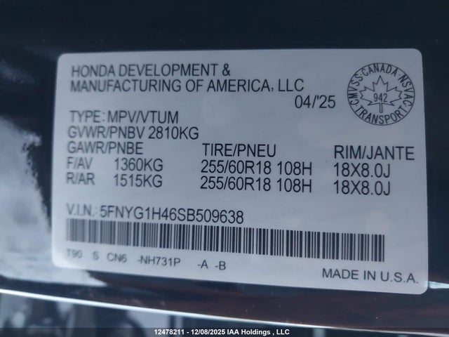 5FNYG1H46SB509638 Honda Pilot Ex-l