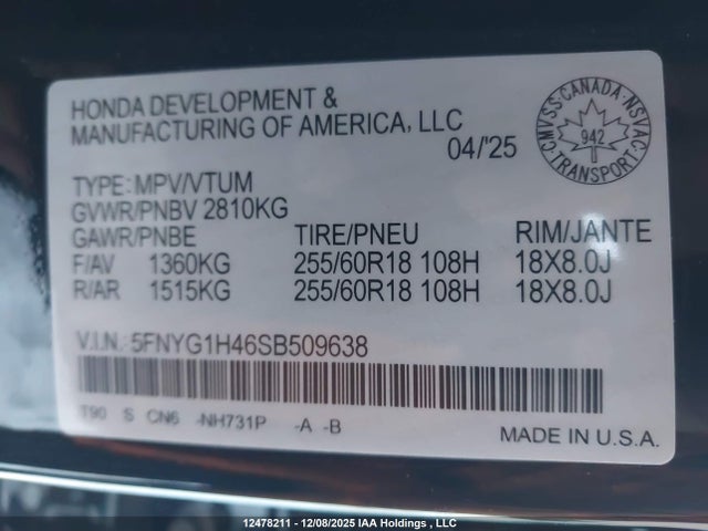 5FNYG1H46SB509638 Honda Pilot Ex-l