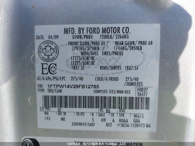 Продаж на аукціоні авто 2009 Ford F150 Supercrew, vin: 1FTPW14V29FB12785, номер лоту: 12478225