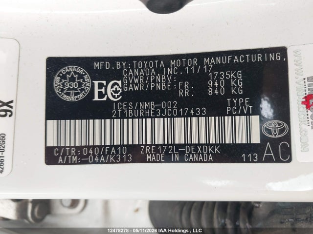 Продаж на аукціоні авто 2018 Toyota Corolla, vin: 2T1BURHE3JC017433, номер лоту: 12478278