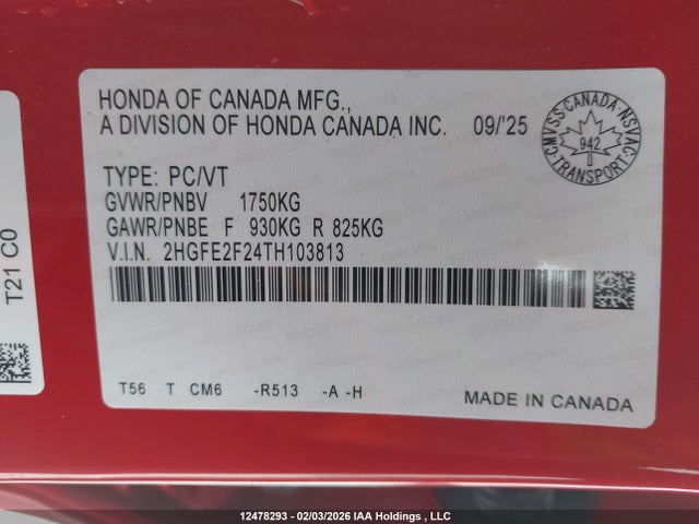 Продажа на аукционе авто 2026 Honda Civic Lx, vin: 2HGFE2F24TH103813, номер лота: 12478293