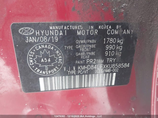 KMHD84LFXKU858584 Hyundai Elantra