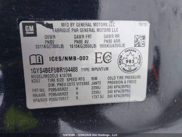 2011 Cadillac Escalade მანქანა იყიდება აუქციონზე, vin: 1GYS4BEF5BR194488, აუქციონის ნომერი: 12478356
