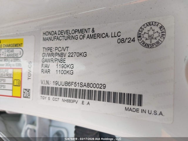 12478419 :رقم المزاد ، 19UUB6F51SA800029 vin ، 2025 Acura Tlx مزاد بيع