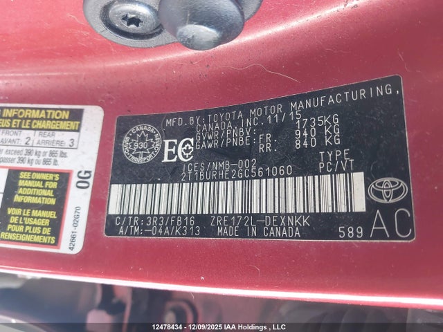 2T1BURHE2GC561060 Toyota COROLLA LE