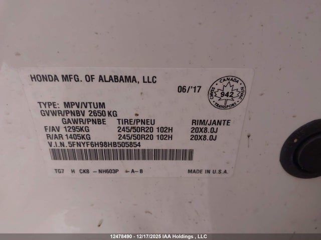 5FNYF6H98HB505854 Honda Pilot Touring