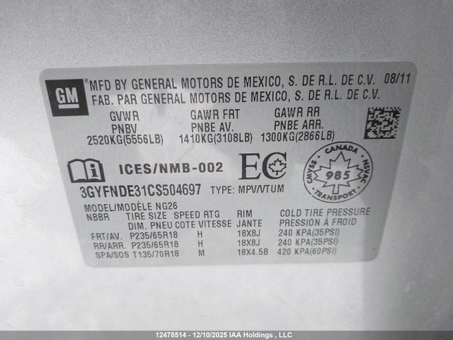Aukcja sprzedaży 2012 Cadillac Srx Luxury Collection, vin: 3GYFNDE31CS504697, numer aukcji: 12478514