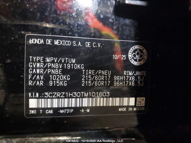 3CZRZ1H30TM101603 Honda HR-V