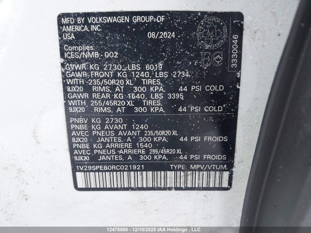 2024 Volkswagen Id.4 Pro S მანქანა იყიდება აუქციონზე, vin: 1V29SPE80RC021921, აუქციონის ნომერი: 12478580
