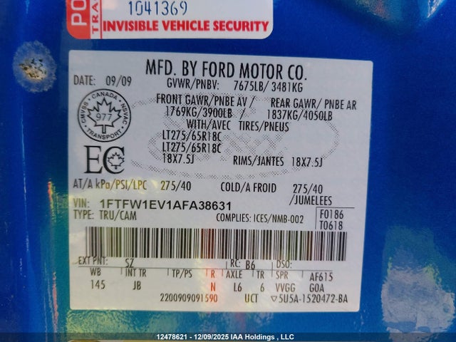 12478621 :رقم المزاد ، 1FTFW1EV1AFA38631 vin ، 2010 Ford F150 Supercrew مزاد بيع