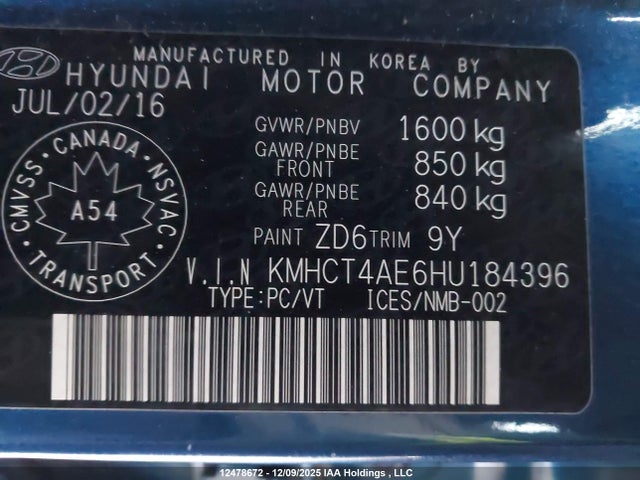 KMHCT4AE6HU184396 Hyundai ACCENT SE