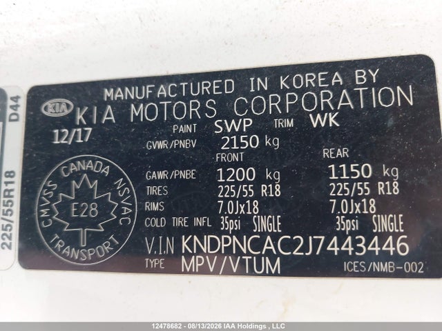 Auction sale of the 2018 Kia Sportage, vin: KNDPNCAC2J7443446, lot number: 12478682