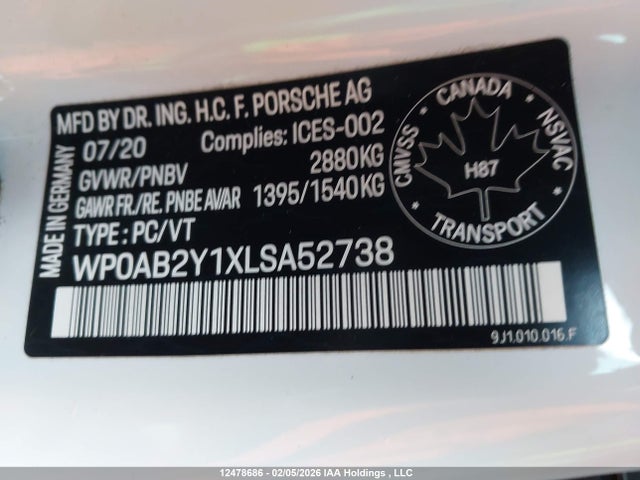 Продаж на аукціоні авто 2020 Porsche Taycan 4s, vin: WP0AB2Y1XLSA52738, номер лоту: 12478686
