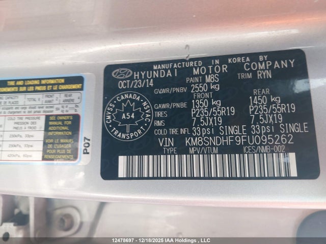 KM8SNDHF9FU095262 Hyundai Santa Fe Xl Limited