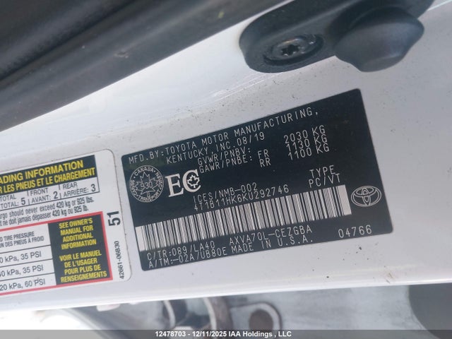 4T1B11HK6KU292746 Toyota Camry