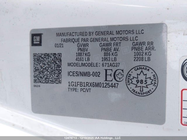 Aukcja sprzedaży 2021 Chevrolet Camaro Ls/lt, vin: 1G1FB1RX6M0125447, numer aukcji: 12478713