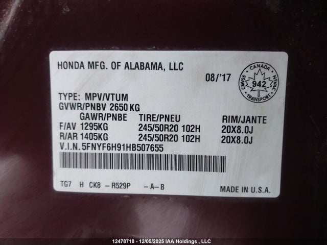 5FNYF6H91HB507655 Honda Pilot Touring