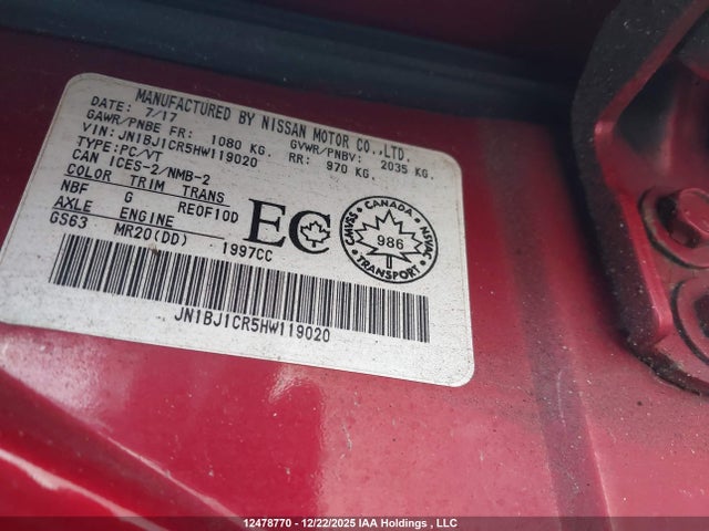 JN1BJ1CR5HW119020 Nissan Qashqai S/sl/sv