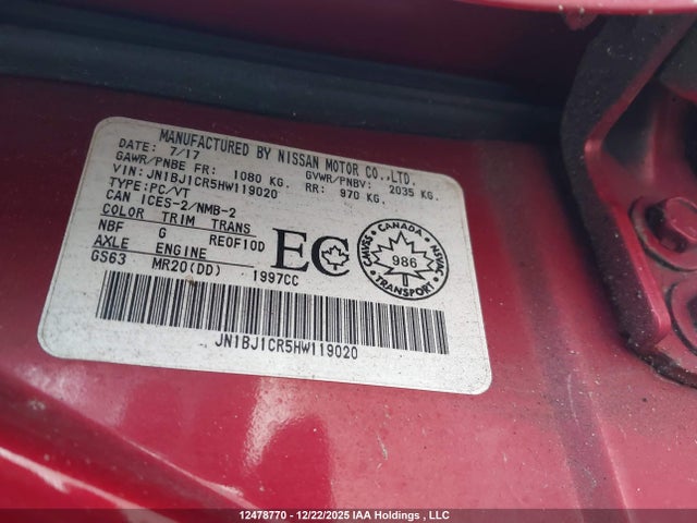 JN1BJ1CR5HW119020 Nissan Qashqai S/sl/sv