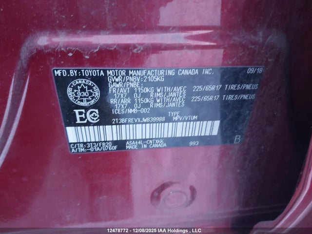 Aukcja sprzedaży 2018 Toyota Rav4, vin: 2T3BFREVXJW839988, numer aukcji: 12478772