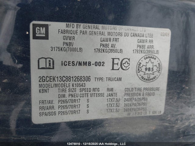 Aukcja sprzedaży 2008 Chevrolet Silverado K1500, vin: 2GCEK13C881268306, numer aukcji: 12478810