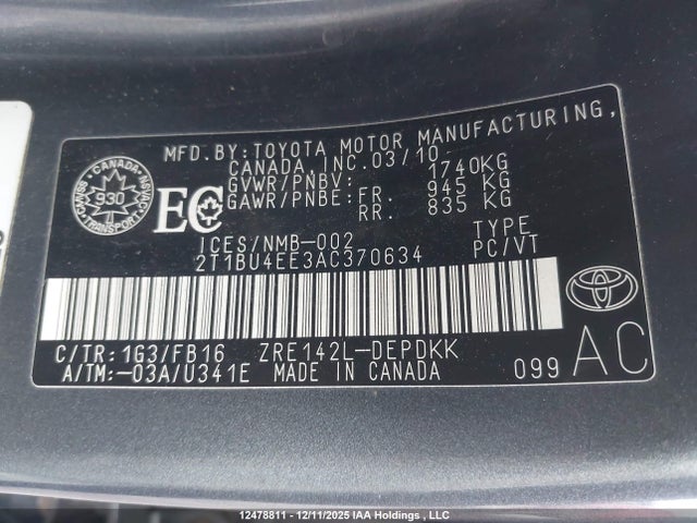 2010 Toyota Corolla Ce მანქანა იყიდება აუქციონზე, vin: 2T1BU4EE3AC370634, აუქციონის ნომერი: 12478811