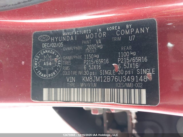 12478865 :رقم المزاد ، KM8JM12B76U349148 vin ، 2006 Hyundai Tucson مزاد بيع
