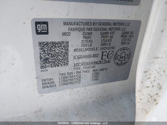 12478916 :رقم المزاد ، 1GCRDAEK8NZ613546 vin ، 2022 Chevrolet Silverado 1500 Work Truck مزاد بيع