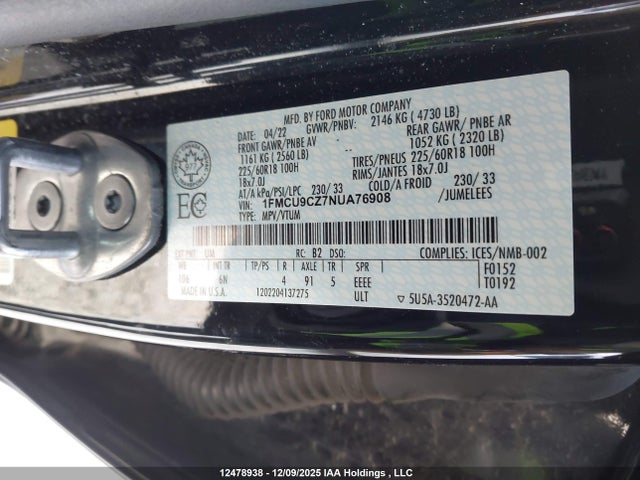 Продажа на аукционе авто 2022 Ford Escape Hybrid, vin: 1FMCU9CZ7NUA76908, номер лота: 12478938
