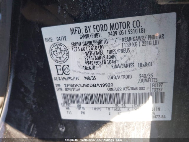 Aukcja sprzedaży 2013 Ford Edge Sel, vin: 2FMDK3J90DBA19920, numer aukcji: 12478945