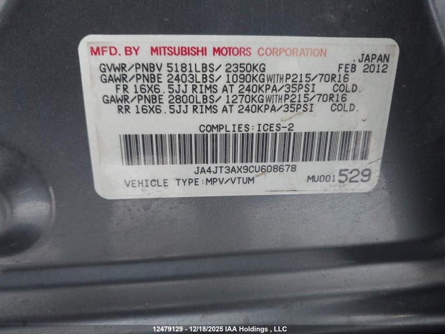 2012 Mitsubishi Outlander მანქანა იყიდება აუქციონზე, vin: JA4JT3AX9CU608678, აუქციონის ნომერი: 12479129