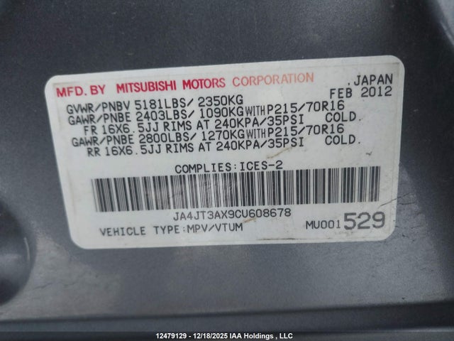 2012 Mitsubishi Outlander მანქანა იყიდება აუქციონზე, vin: JA4JT3AX9CU608678, აუქციონის ნომერი: 12479129