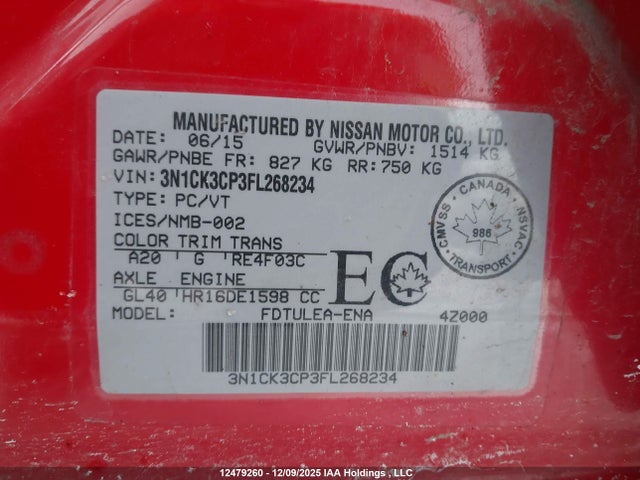 Продажа на аукционе авто 2015 Nissan Micra S/sr/sv, vin: 3N1CK3CP3FL268234, номер лота: 12479260