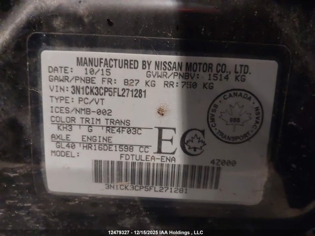 12479327 :رقم المزاد ، 3N1CK3CP5FL271281 vin ، 2015 Nissan Micra مزاد بيع