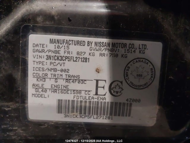 12479327 :رقم المزاد ، 3N1CK3CP5FL271281 vin ، 2015 Nissan Micra مزاد بيع