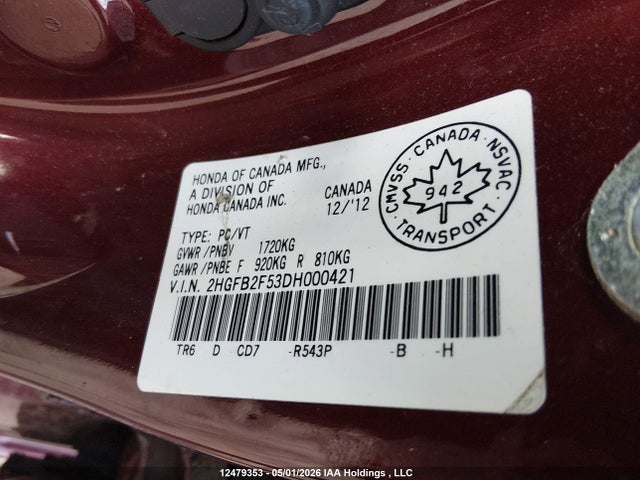 Aukcja sprzedaży 2013 Honda Civic Lx, vin: 2HGFB2F53DH000421, numer aukcji: 12479353