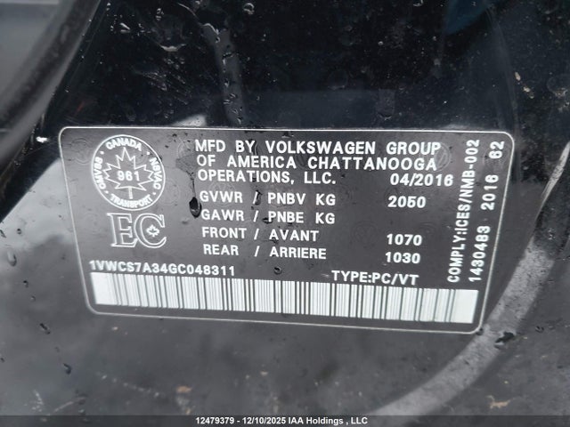 1VWCS7A34GC048311 Volkswagen Passat Sel/sel Premium
