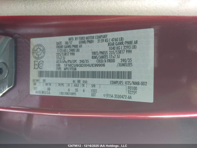 1FMCU9GDXHUE99906 Ford ESCAPE SE