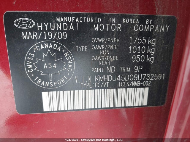 Продаж на аукціоні авто 2009 Hyundai Elantra, vin: KMHDU45D09U732591, номер лоту: 12479579